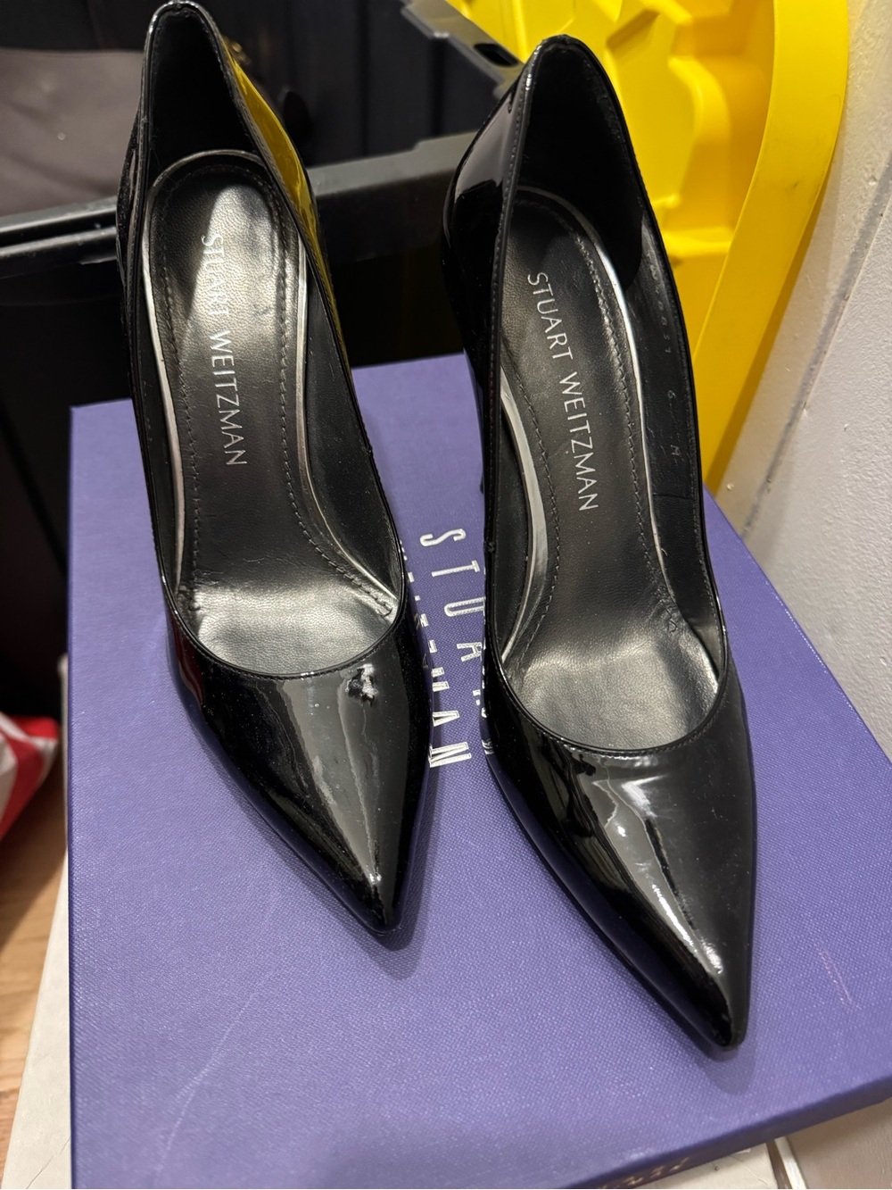 Stuart Weitzman Black Patent Pointed-Toe Pumps